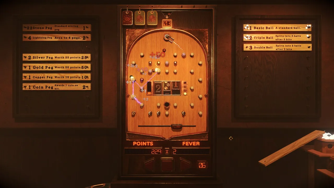 Balls cascading on the board, lightning arcing between pegs